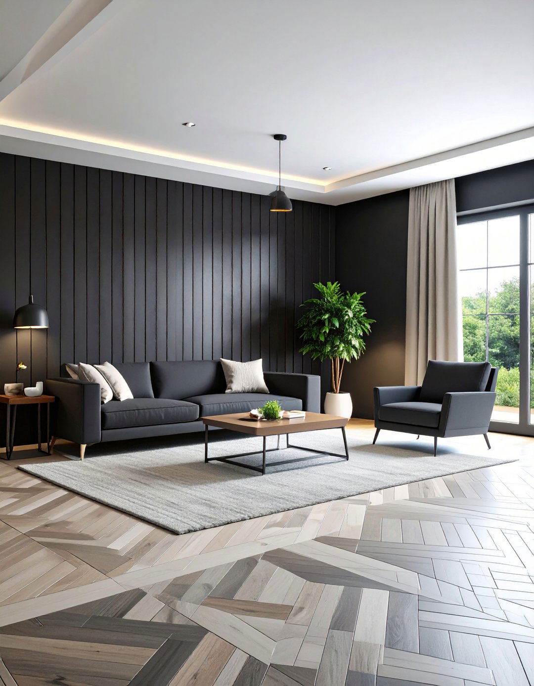 Black Shiplap with Graphic Floor Tile - 20 Black Shiplap Wall Ideas