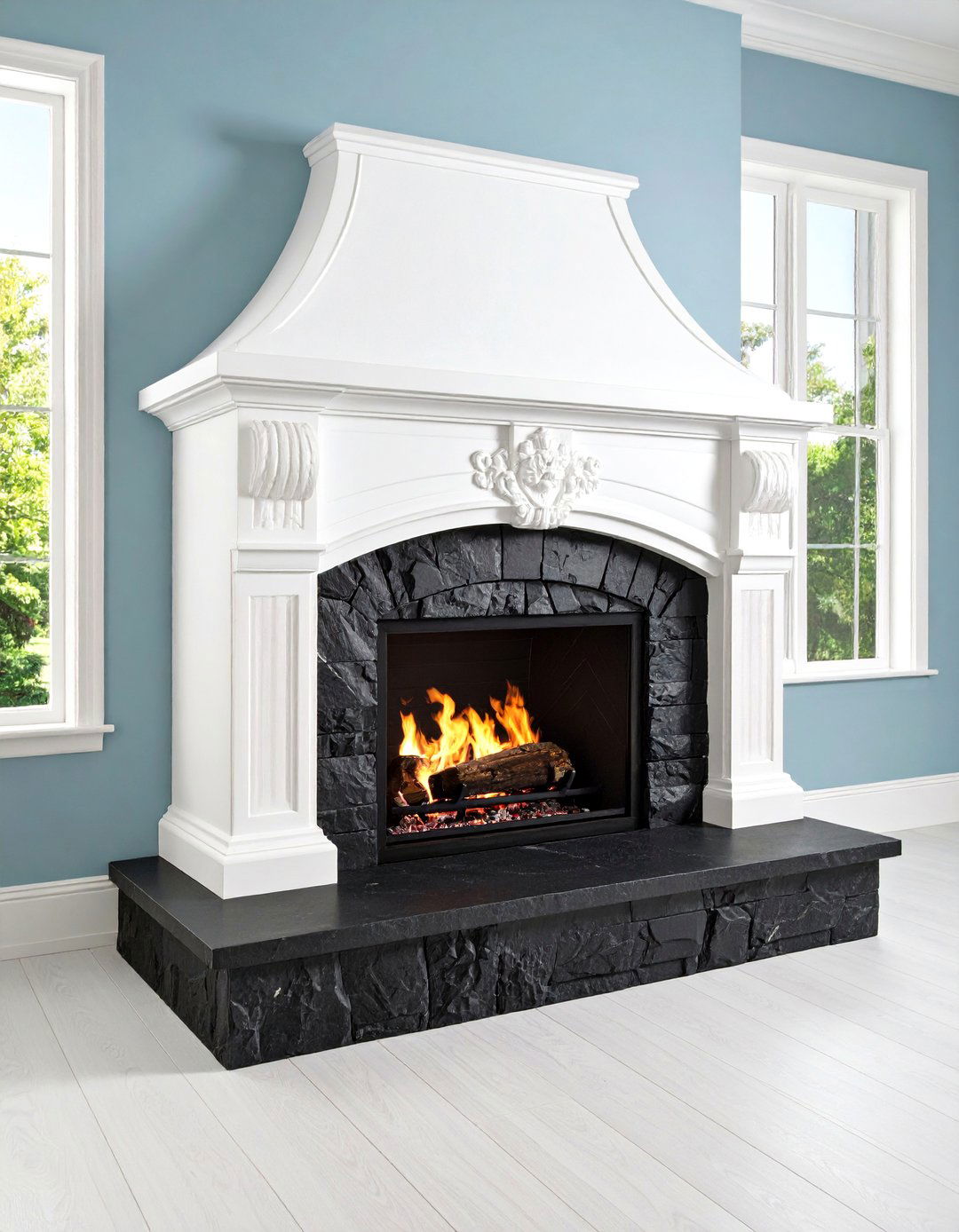 Black Soapstone Hearth Under White Stucco Hood - 20 Black and White Fireplace Ideas