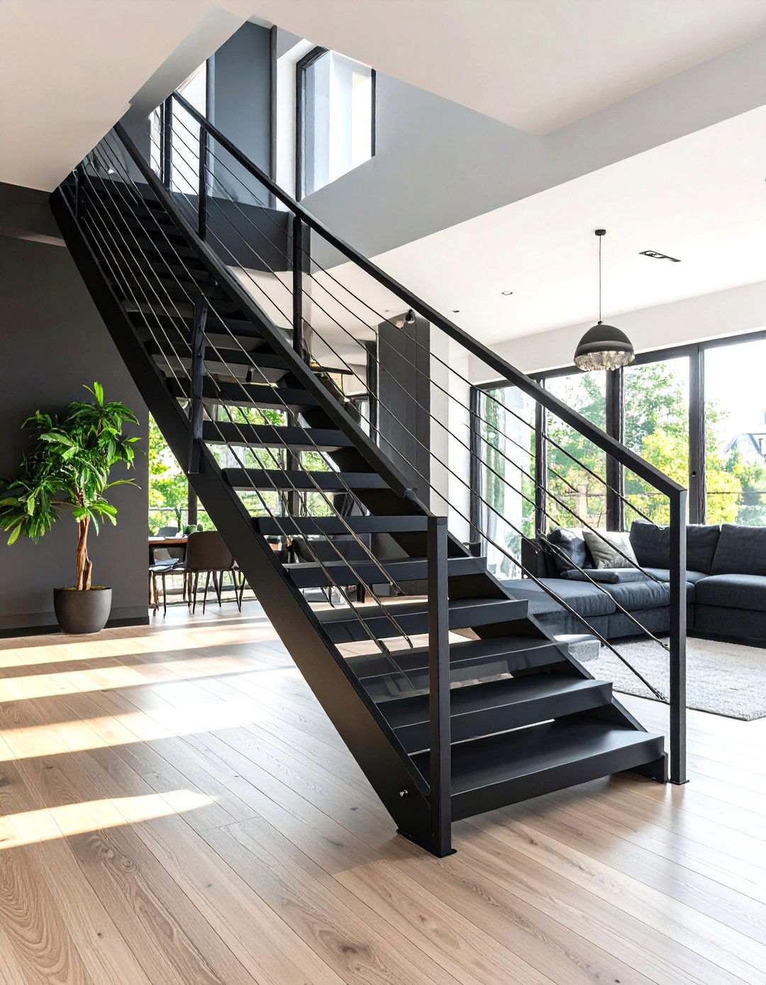 Black Staircase with Cable Railings - 20 black staircase ideas