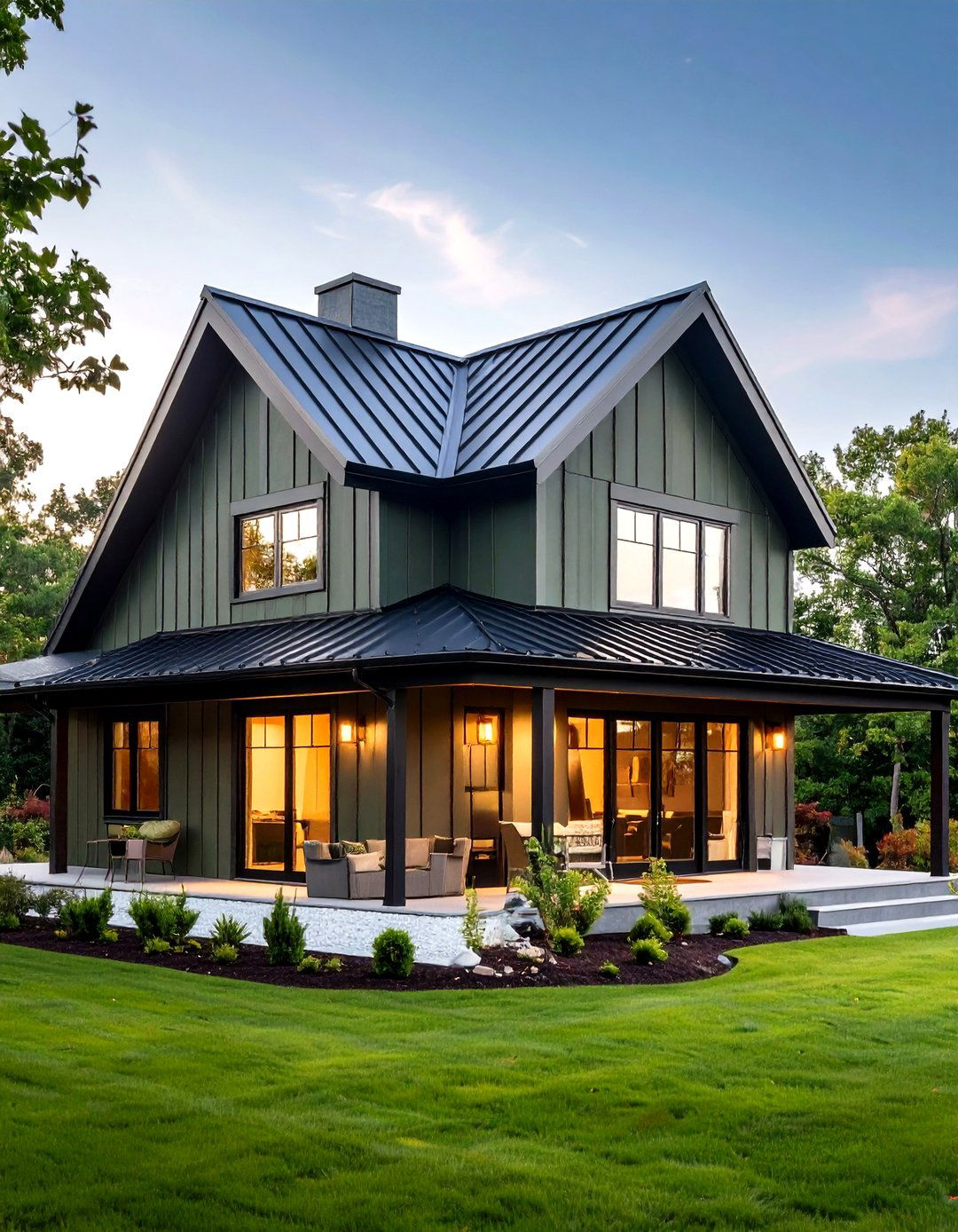 Black Standing Seam Roof Crowning a Dark Olive Green House - 20 Dark Olive Green House With Black Trim