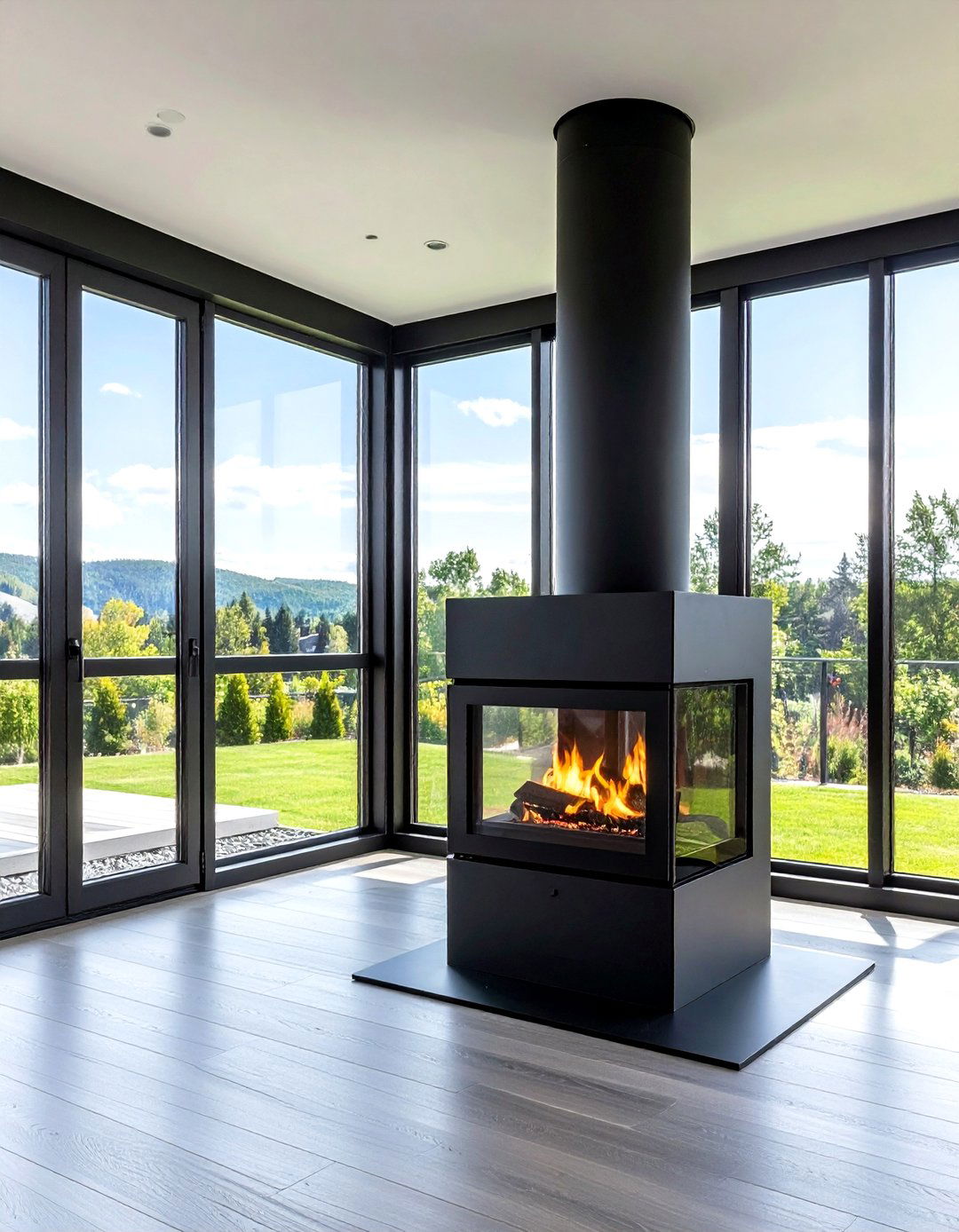 Black Steel Fireplace with Industrial Style Windows - 20 Fireplace Between Windows Ideas