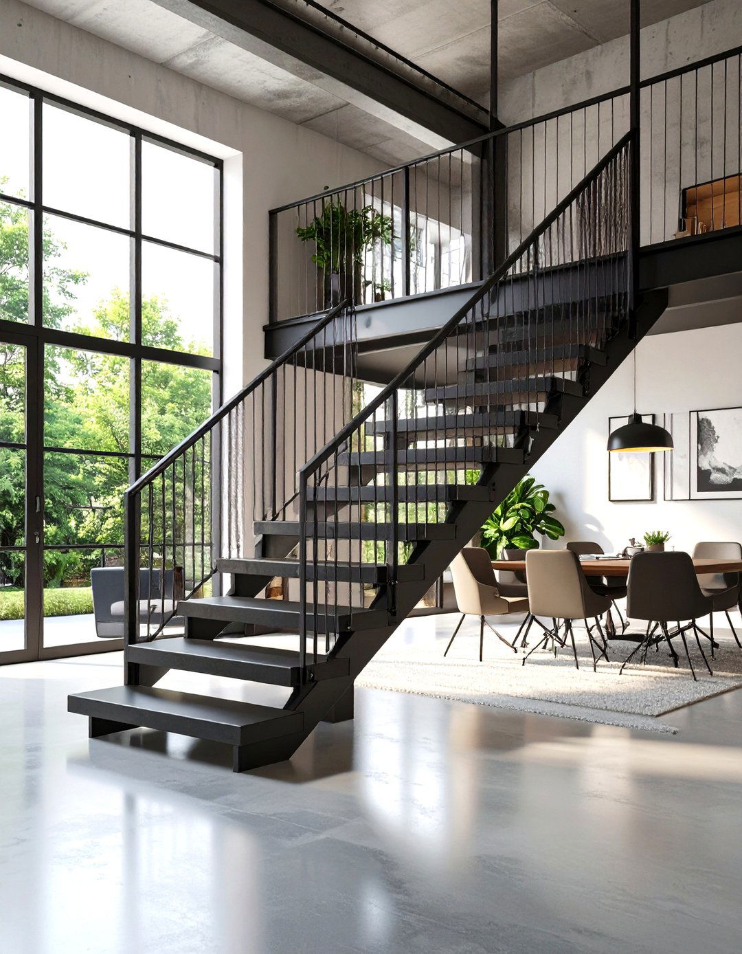 Black Steel Staircase with Open Risers - 20 black staircase ideas