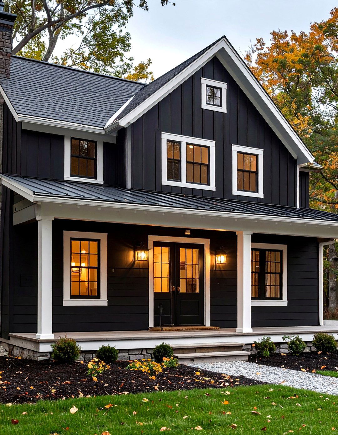 Black Stucco Farmhouse with Crisp White Trim - 20 Black Stucco House Ideas