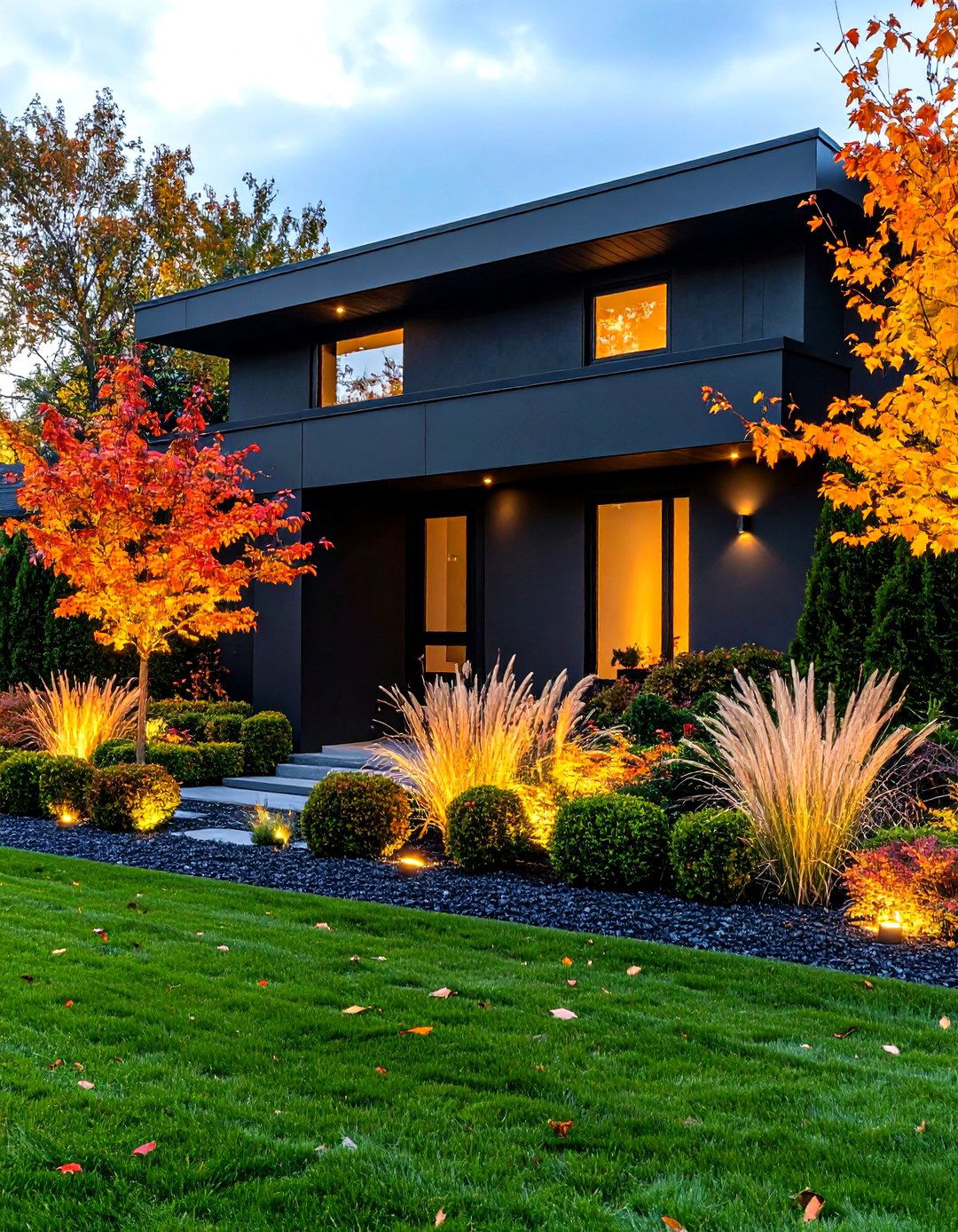 Black Stucco Framed by Lush Greenery - 20 Black Stucco House Ideas