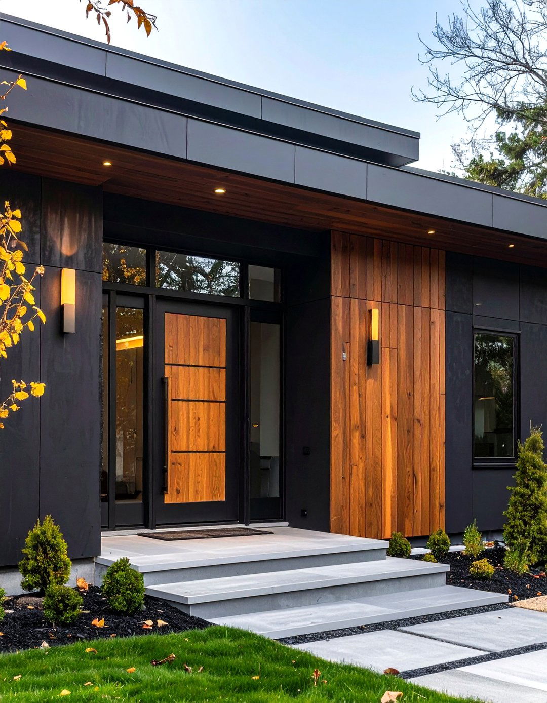 Black Stucco with Warm Natural Wood Accents - 20 Black Stucco House Ideas