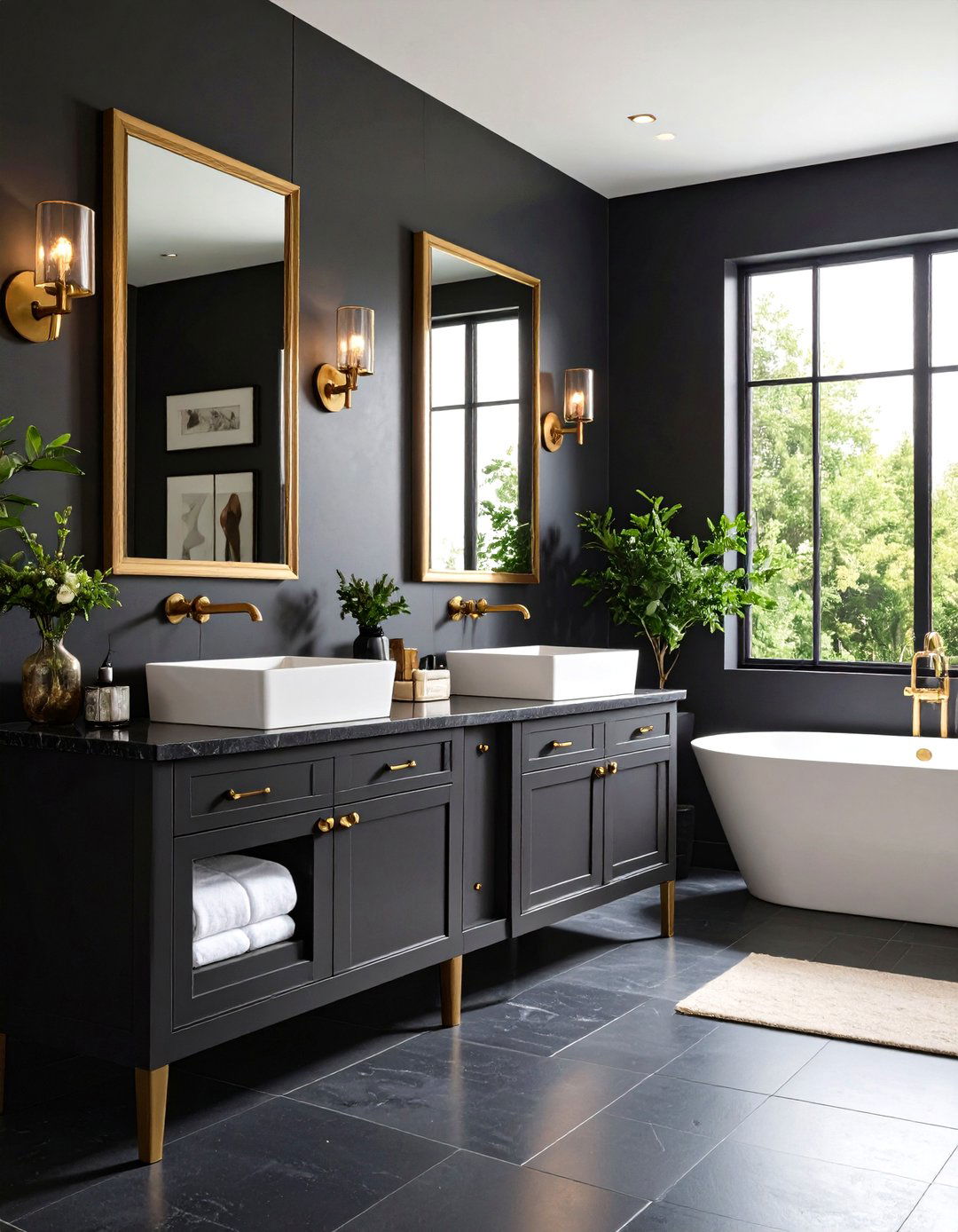 Black Tile Bathroom With Brass Glints - 20 Black Tile Bathroom Ideas