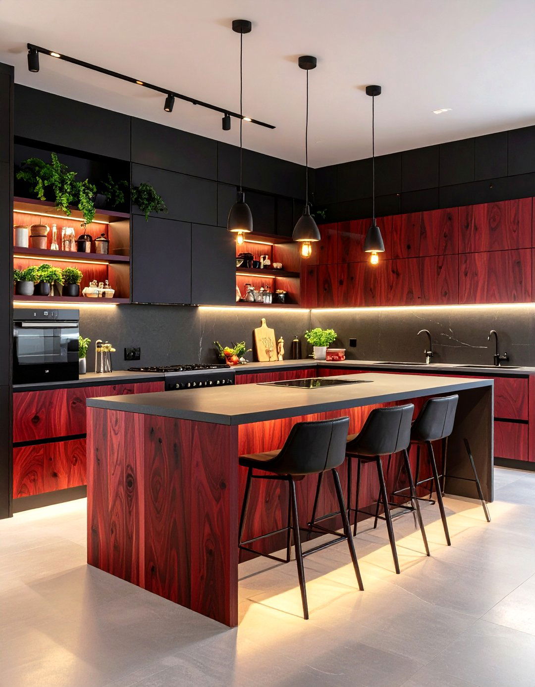 Black Walls with Warm Red Wood Tones Kitchen - 20 red and black kitchen ideas