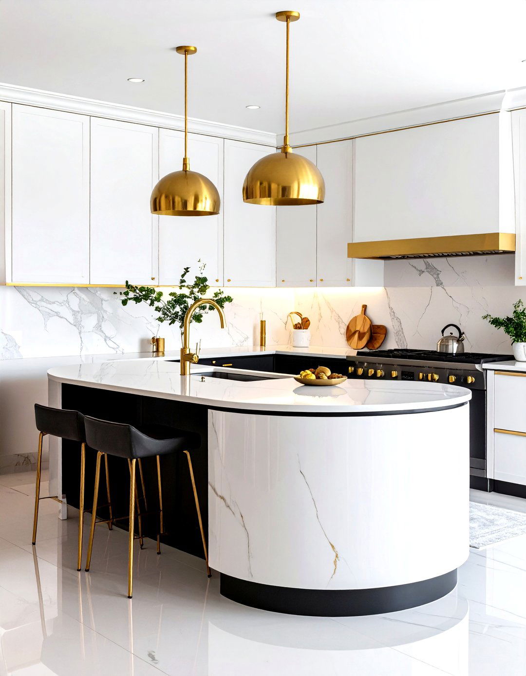 Black White and Gold Kitchen with Curved Island Elements - 20 black white and gold kitchen ideas