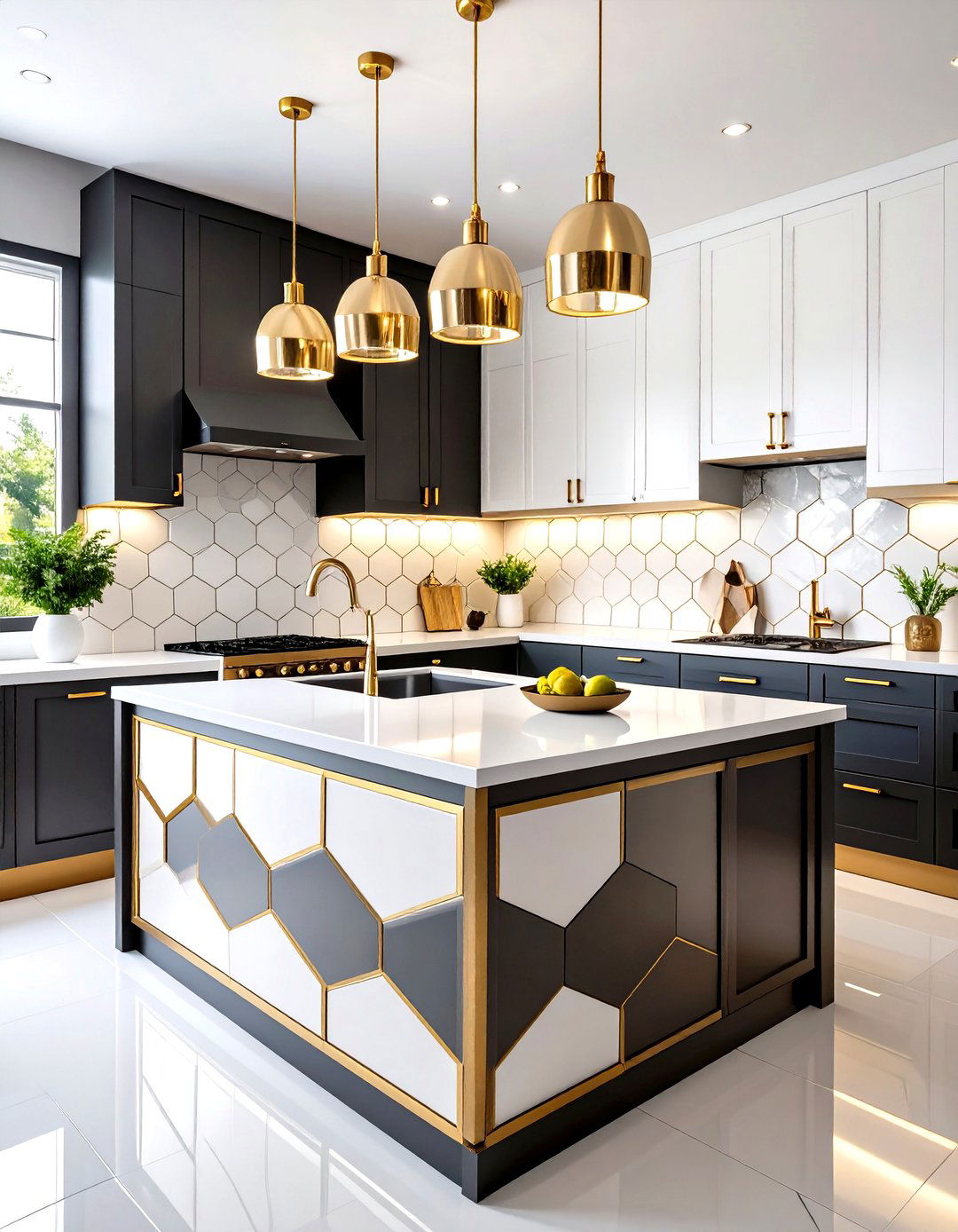 Black White and Gold Kitchen with Geometric Backsplash Tiles - 20 black white and gold kitchen ideas
