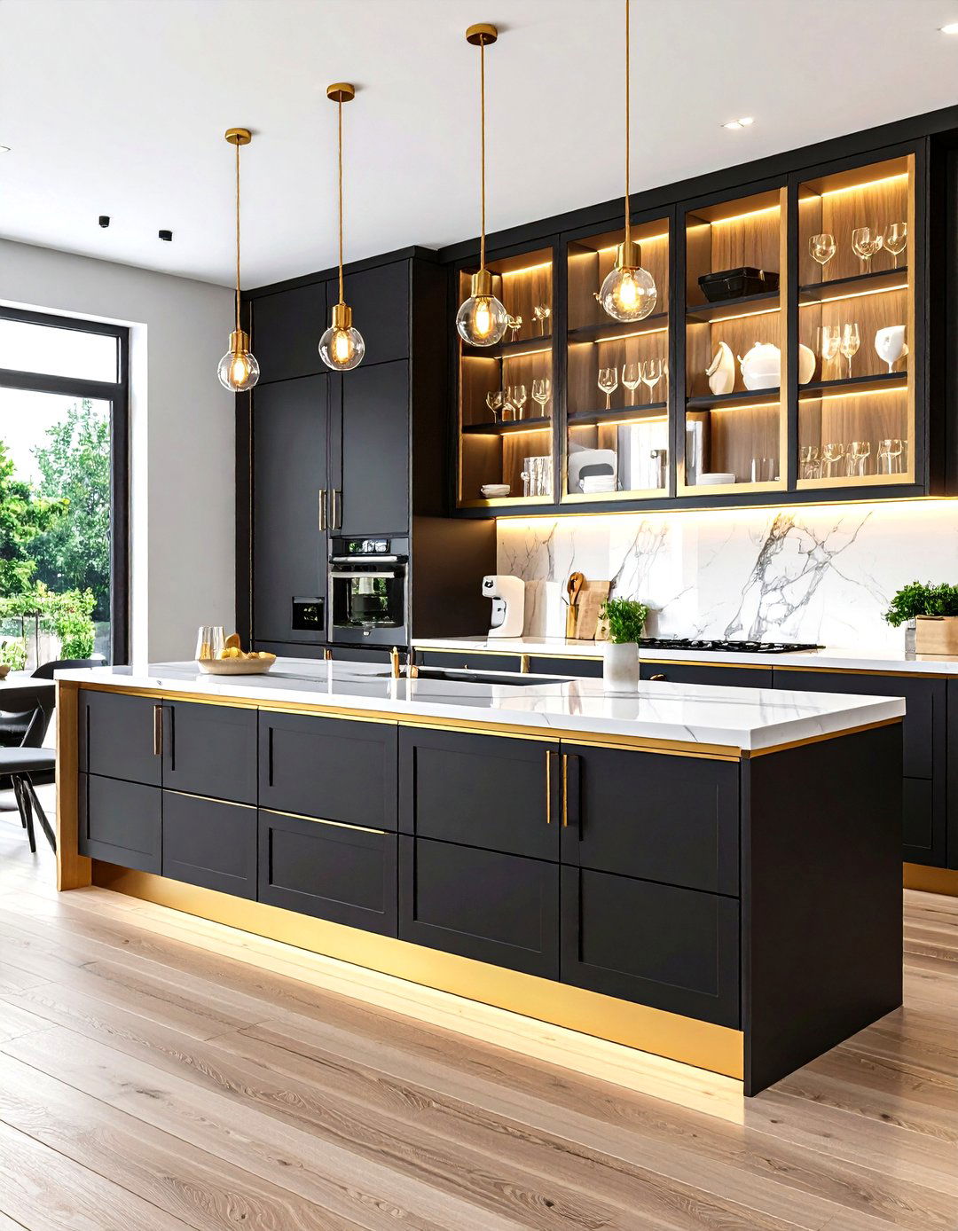 Black White and Gold Kitchen with Glass Cabinet Displays - 20 black white and gold kitchen ideas