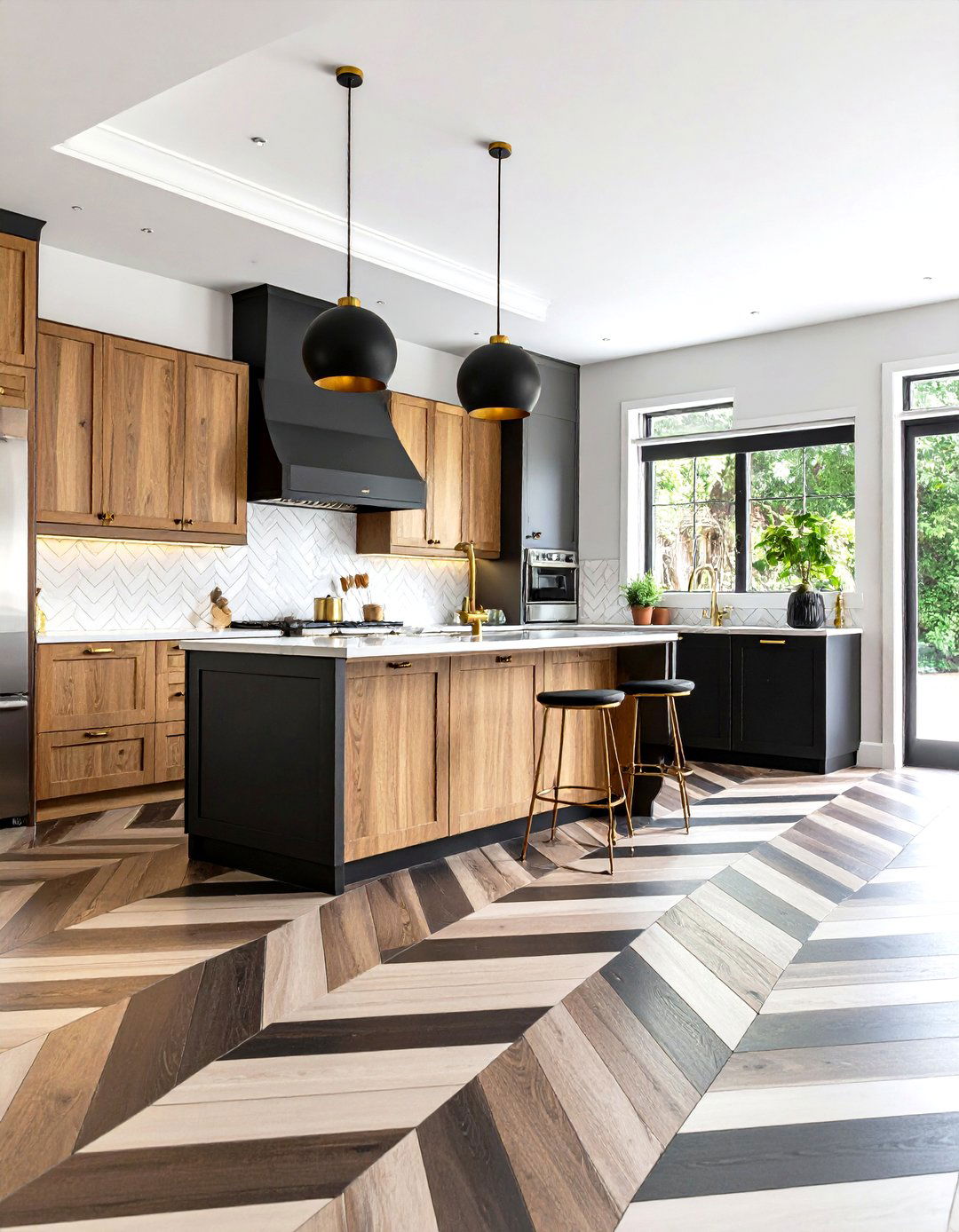 Black White and Gold Kitchen with Herringbone Floor Patterns - 20 black white and gold kitchen ideas