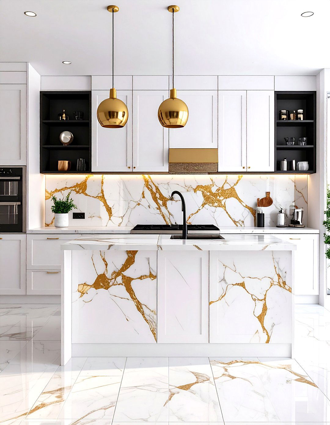 Black White and Gold Kitchen with Marble Backsplash Accents - 20 black white and gold kitchen ideas