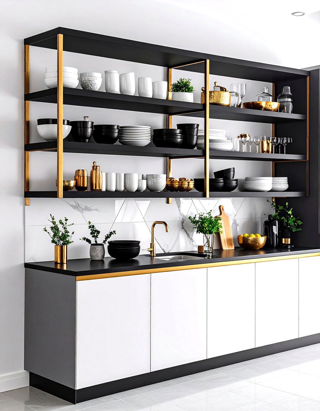 Black White and Gold Kitchen with Open Shelving Details - 20 black white and gold kitchen ideas