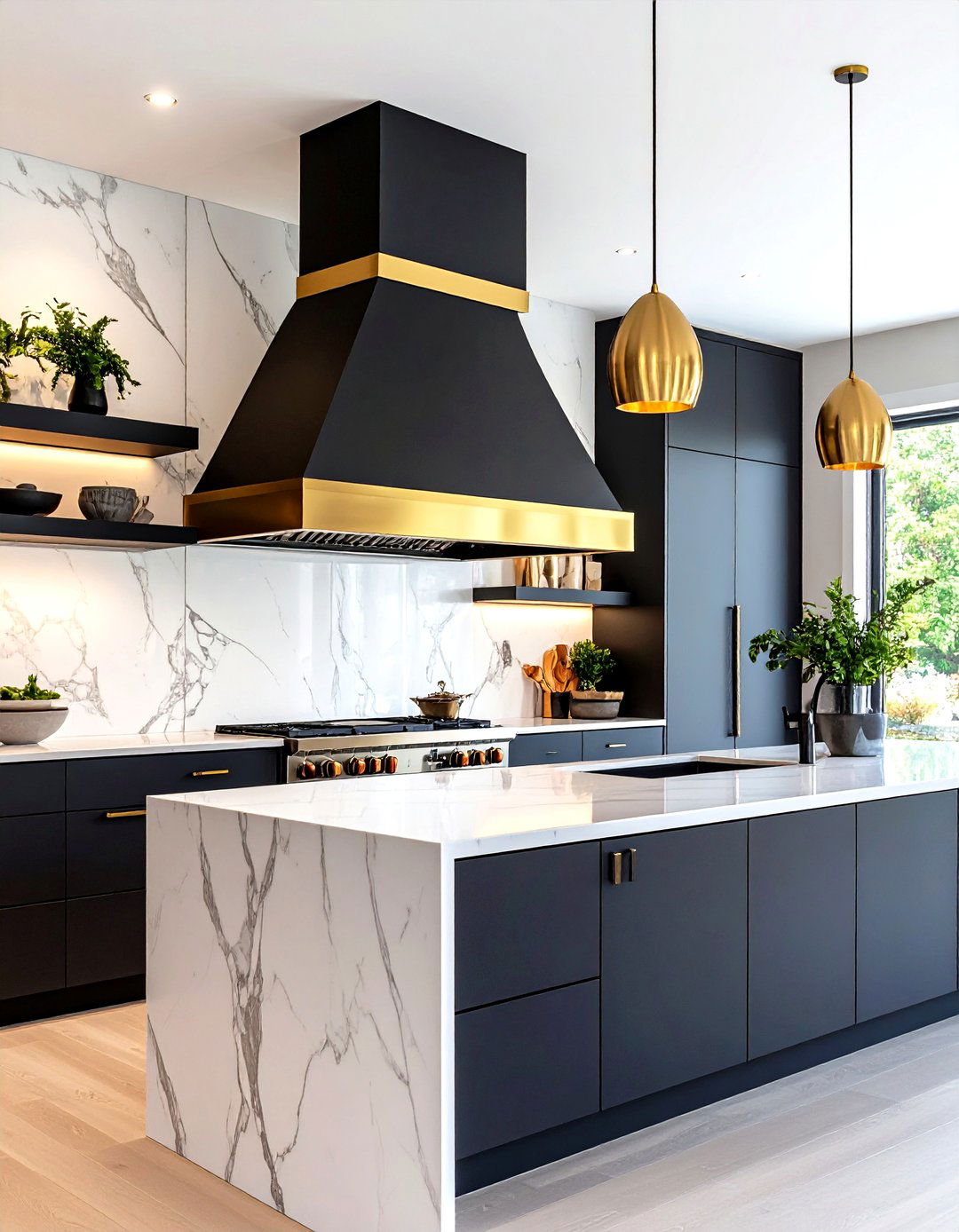 Black White and Gold Kitchen with Statement Range Hood - 20 black white and gold kitchen ideas