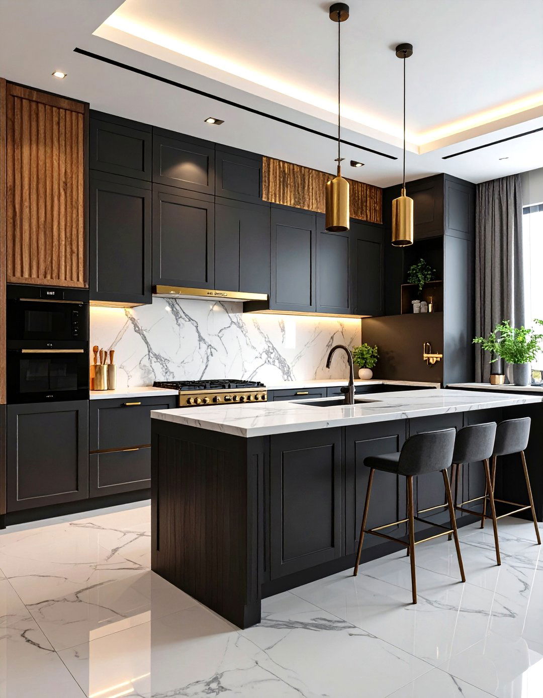 Black White and Gold Kitchen with Textured Wall Features - 20 black white and gold kitchen ideas