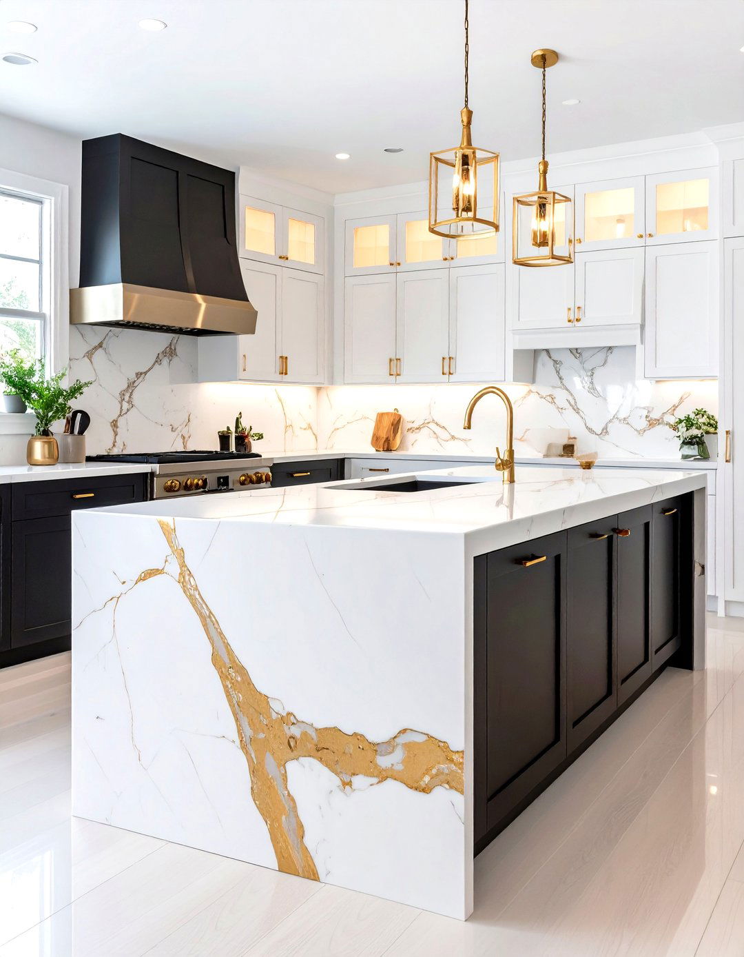 Black White and Gold Kitchen with Waterfall Countertops - 20 black white and gold kitchen ideas