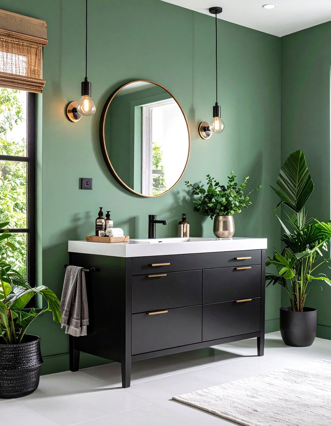 Black White and Green Bathroom Featuring Black Vanity with Sage Wall Paint - 20 black, white and green bathroom ideas
