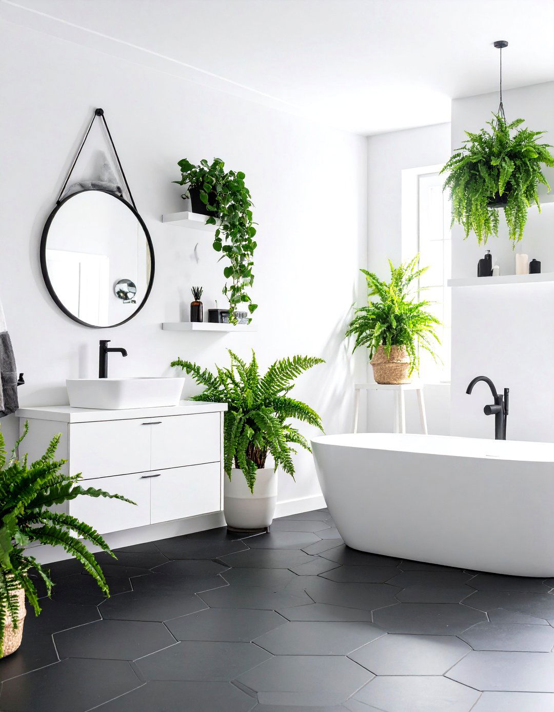 Black White and Green Bathroom Featuring Hexagon Floor Tiles with Plant Accents - 20 black, white and green bathroom ideas