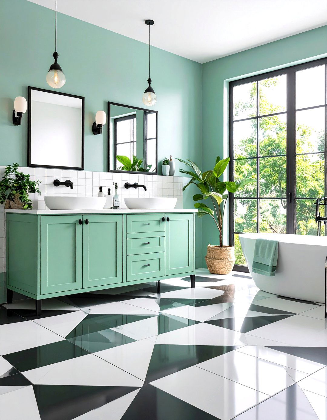 Black White and Green Bathroom Using Geometric Tiles with Mint Accessories - 20 black, white and green bathroom ideas