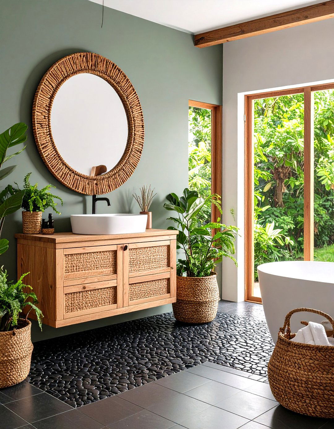 Black White and Green Bathroom Using Penny Tiles with Natural Wood Elements - 20 black, white and green bathroom ideas