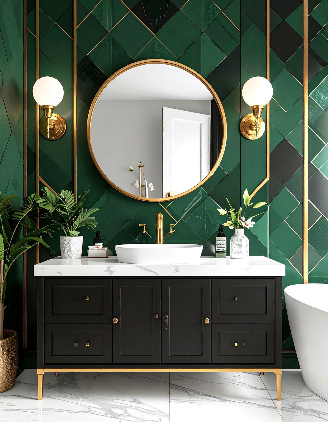 Black White and Green Bathroom with Art Deco Wallpaper and Luxury Accents - 20 black, white and green bathroom ideas