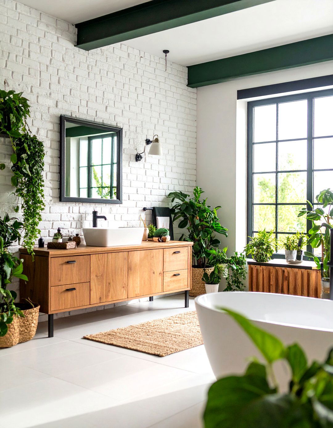 Black White and Green Bathroom with Brick Walls and Forest Accents - 20 black, white and green bathroom ideas