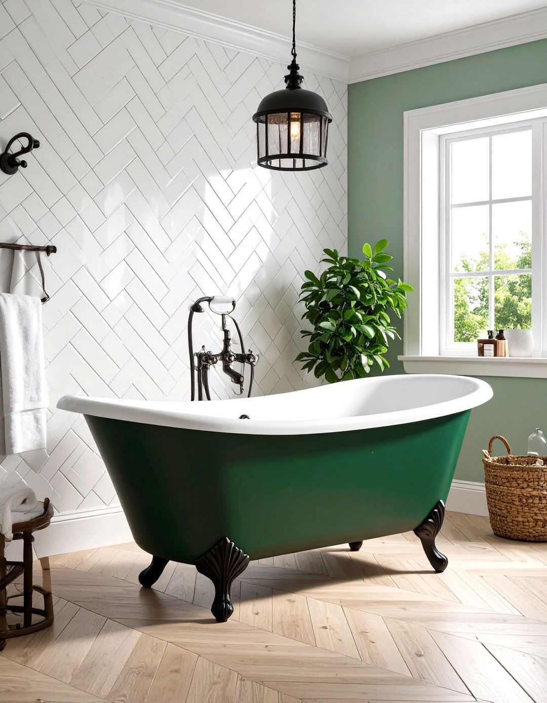 Black White and Green Bathroom with Dark Green Clawfoot Tub and Subway Tiles - 20 black, white and green bathroom ideas