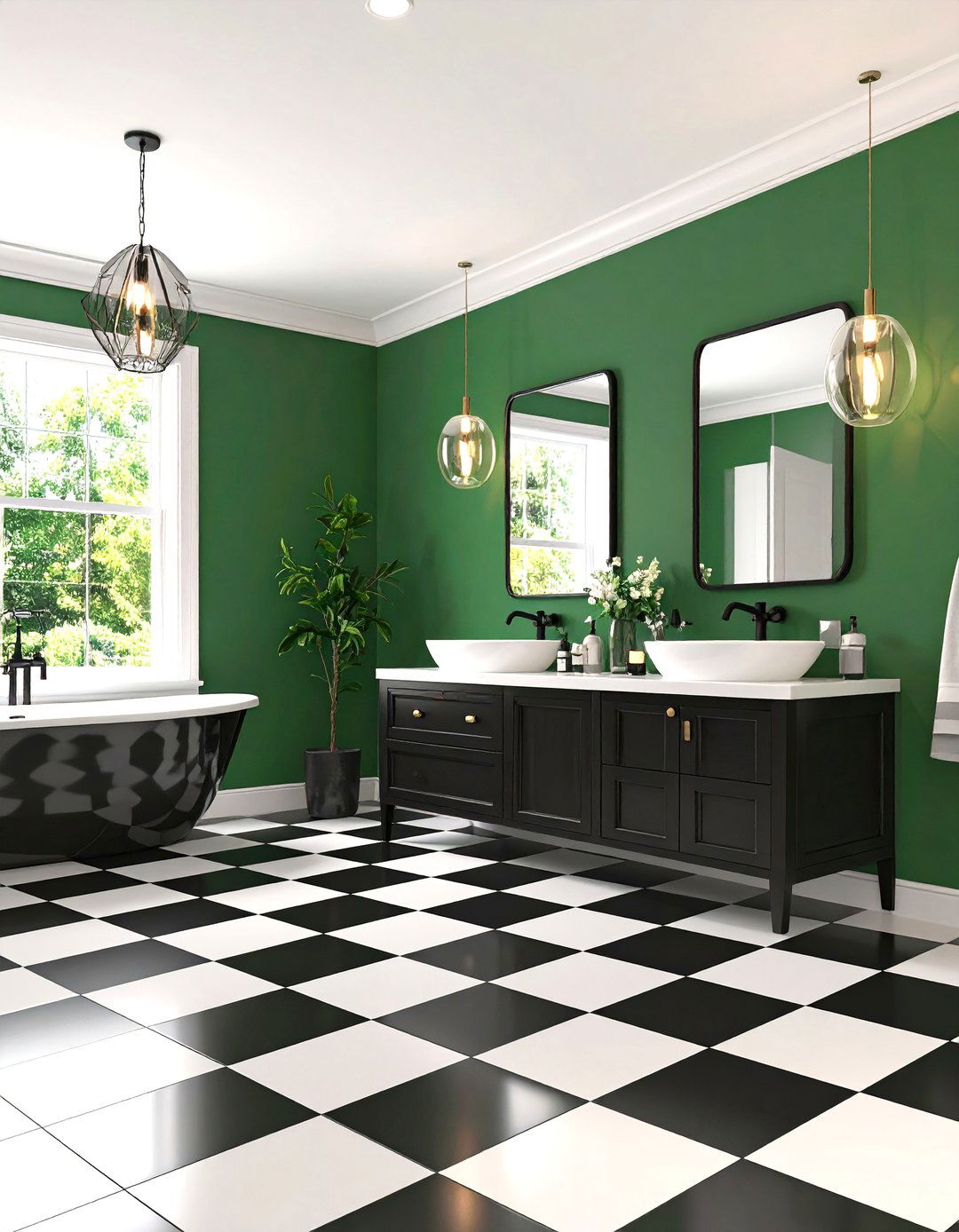 Black White and Green Bathroom with Emerald Accent Wall and Checkered Floors - 20 black, white and green bathroom ideas