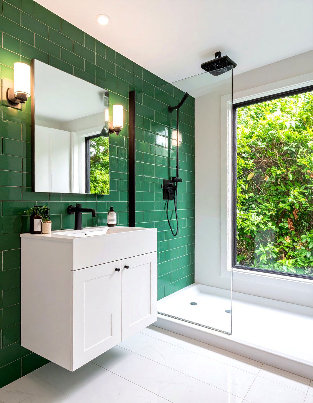 Black White and Green Bathroom with Emerald Subway Tiles and White Grout - 20 black, white and green bathroom ideas