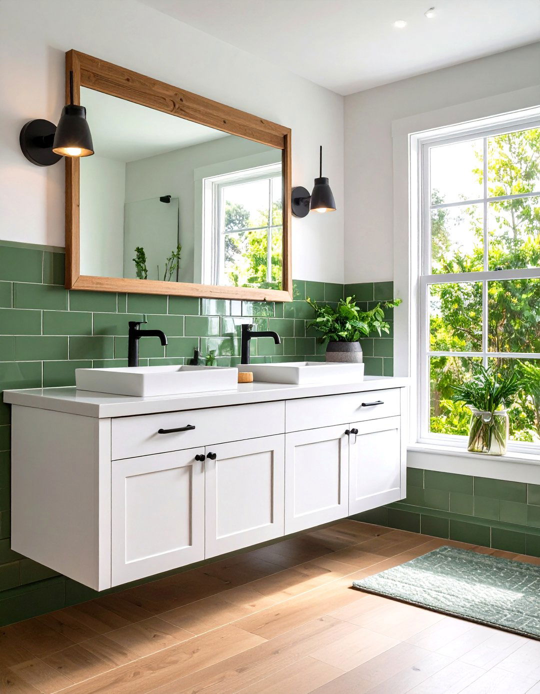 Black White and Green Bathroom with Floating Vanity and Tile Backsplash - 20 black, white and green bathroom ideas