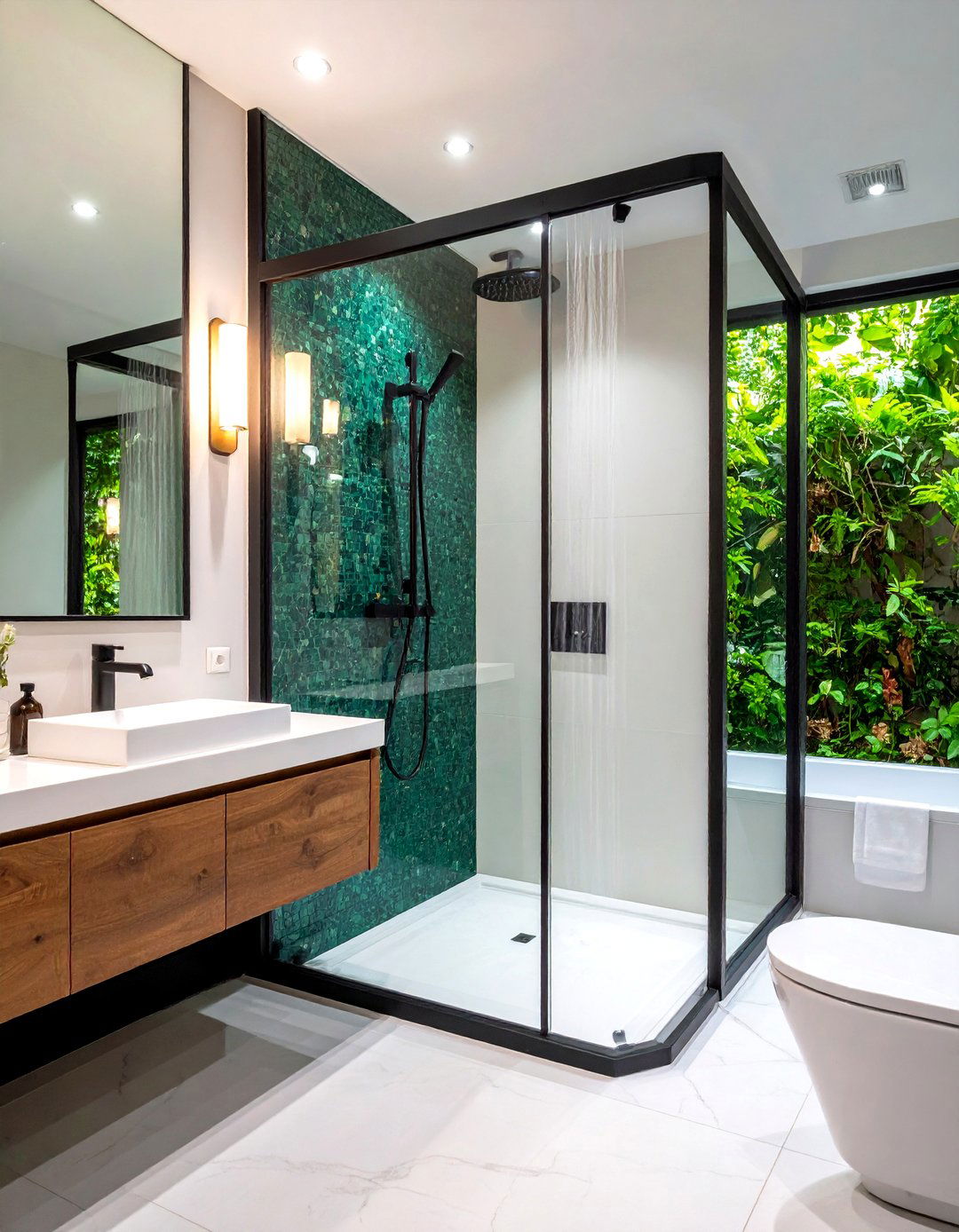 Black White and Green Bathroom with Green Mosaic Shower and Black Framing - 20 black, white and green bathroom ideas