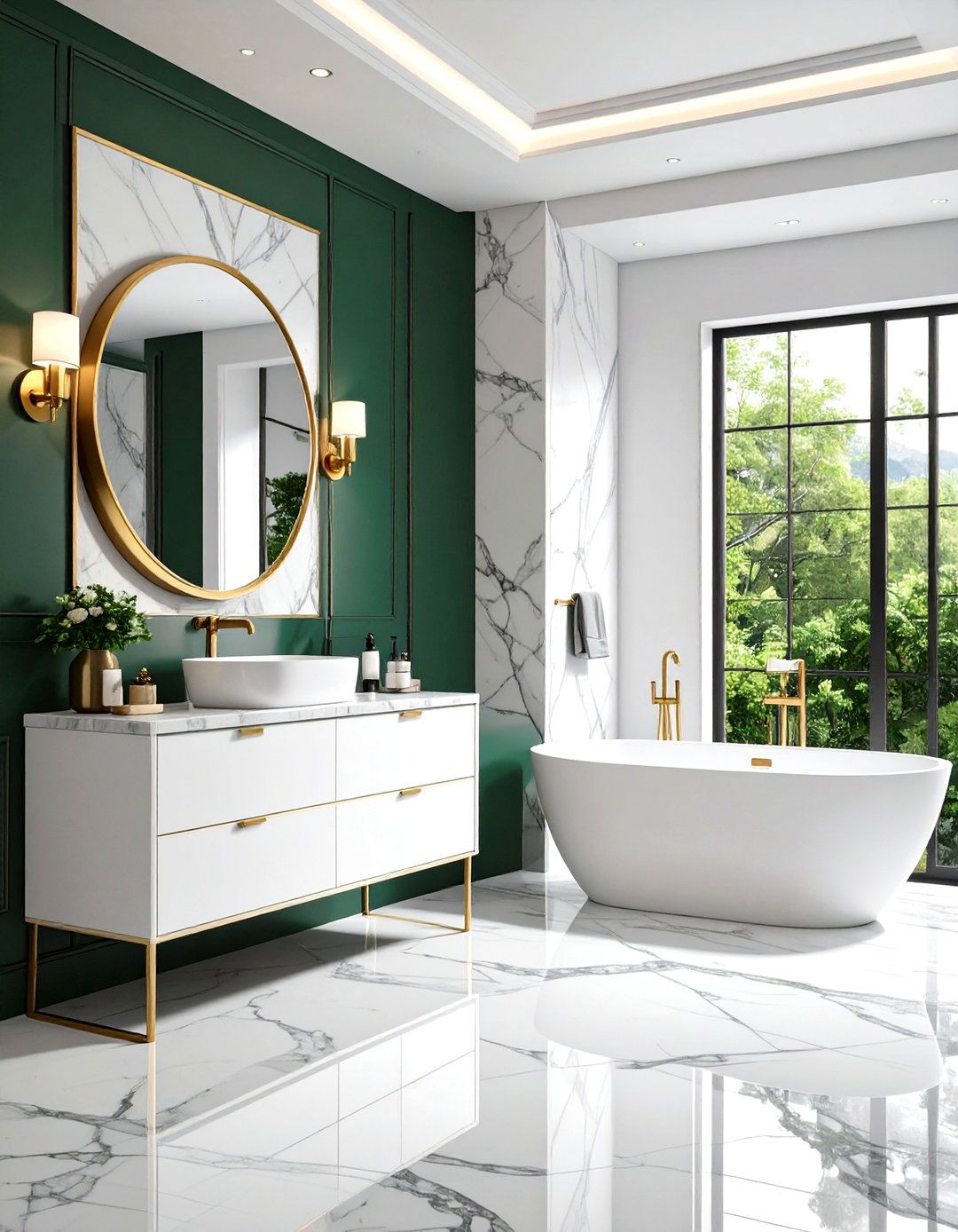 Black White and Green Bathroom with Marble Patterns and Metallic Hardware - 20 black, white and green bathroom ideas