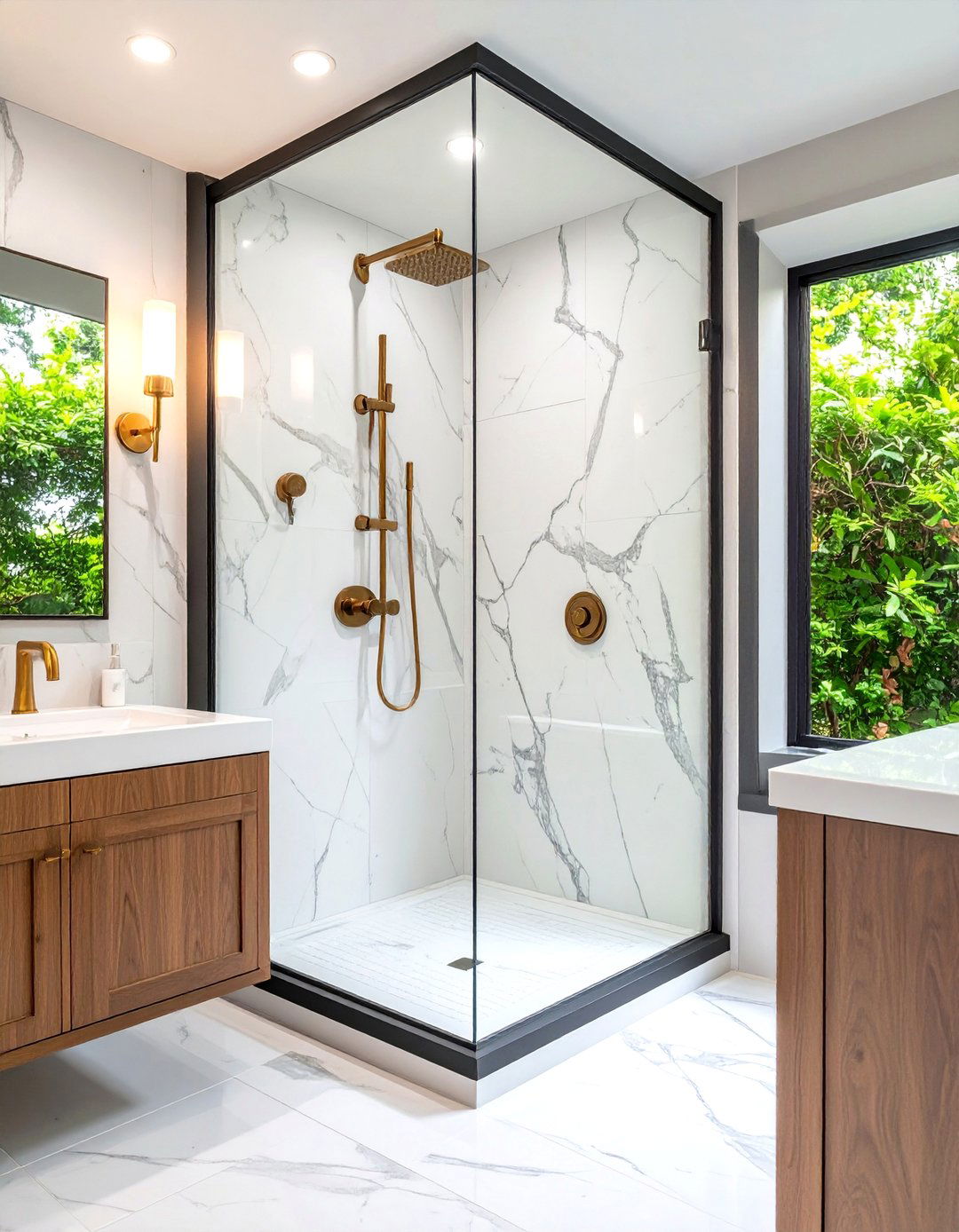 Black White and Green Bathroom with Marble Shower and Glass Accents - 20 black, white and green bathroom ideas