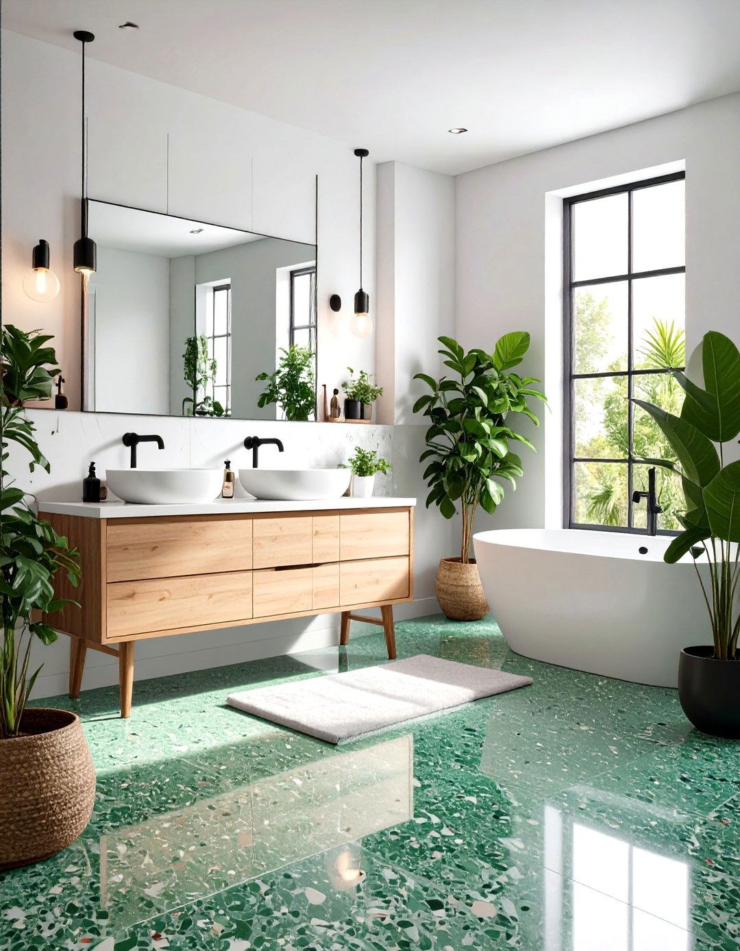 Black White and Green Bathroom with Matte Fixtures and Terrazzo Floors - 20 black, white and green bathroom ideas