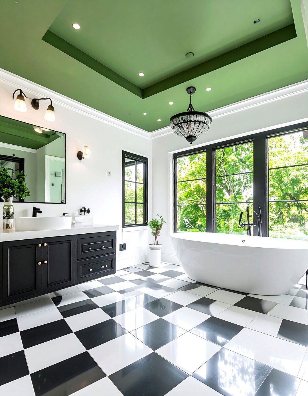 Black White and Green Bathroom with Painted Ceiling and Floor Tiles - 20 black, white and green bathroom ideas