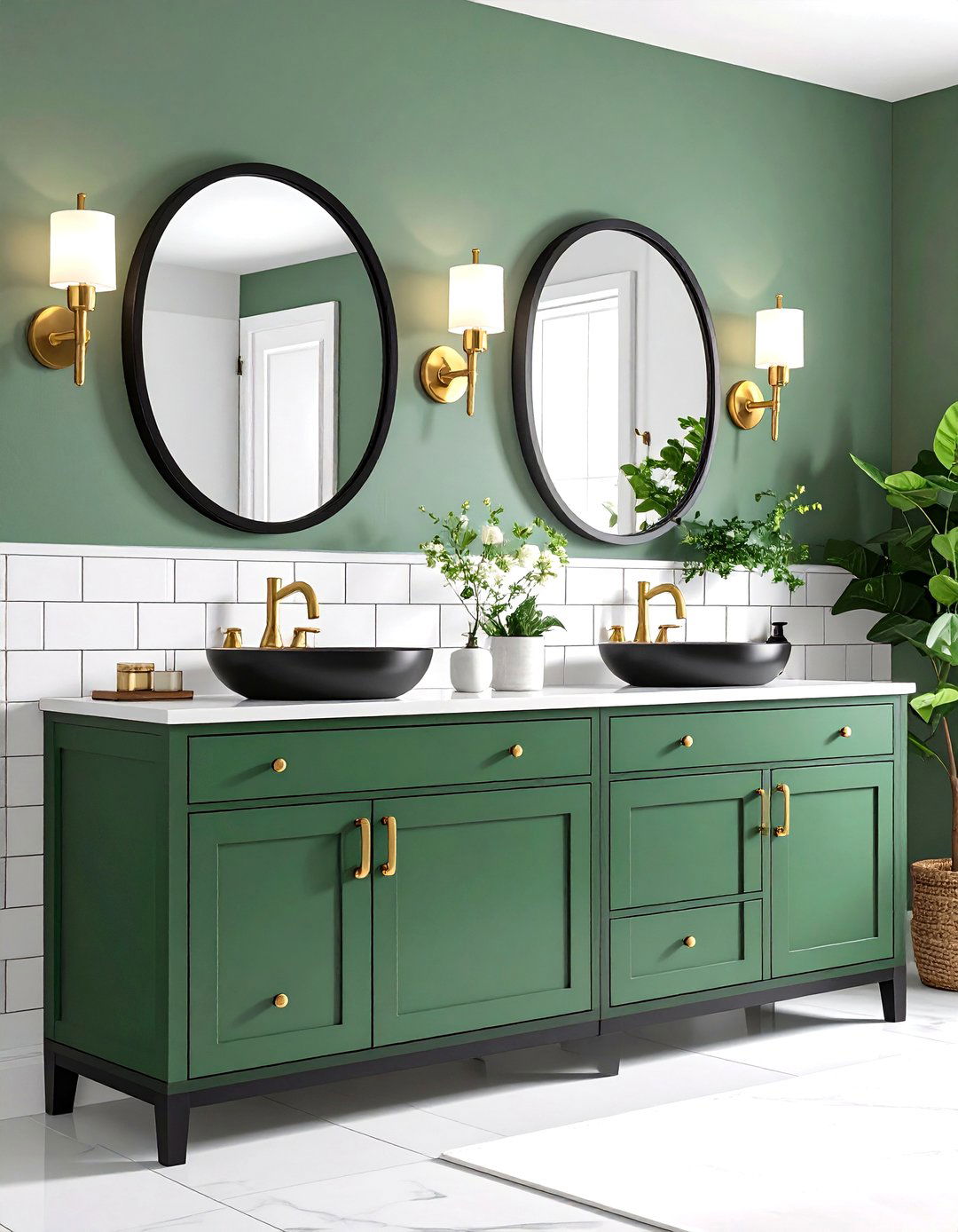 Black White and Green Bathroom with Sage Green Vanity and White Subway Tiles - 20 black, white and green bathroom ideas