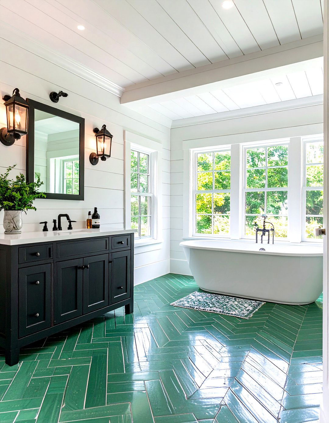 Black White and Green Bathroom with Shiplap Walls and Tile Flooring - 20 black, white and green bathroom ideas