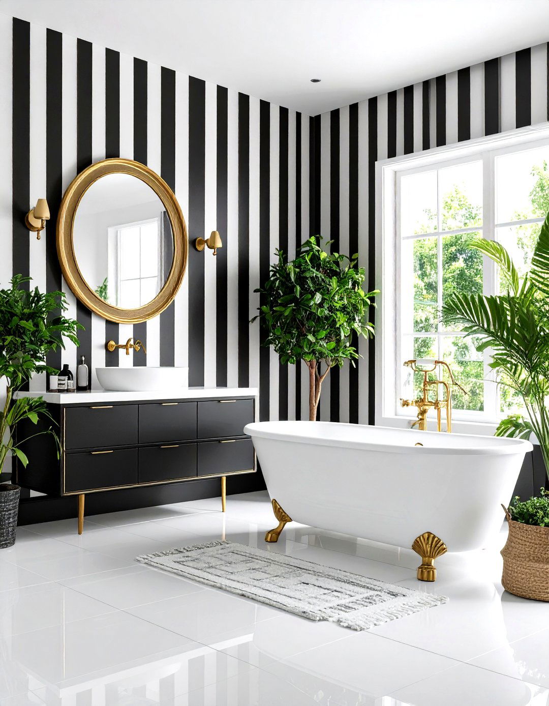 Black White and Green Bathroom with Striped Walls and Vintage Accessories - 20 black, white and green bathroom ideas