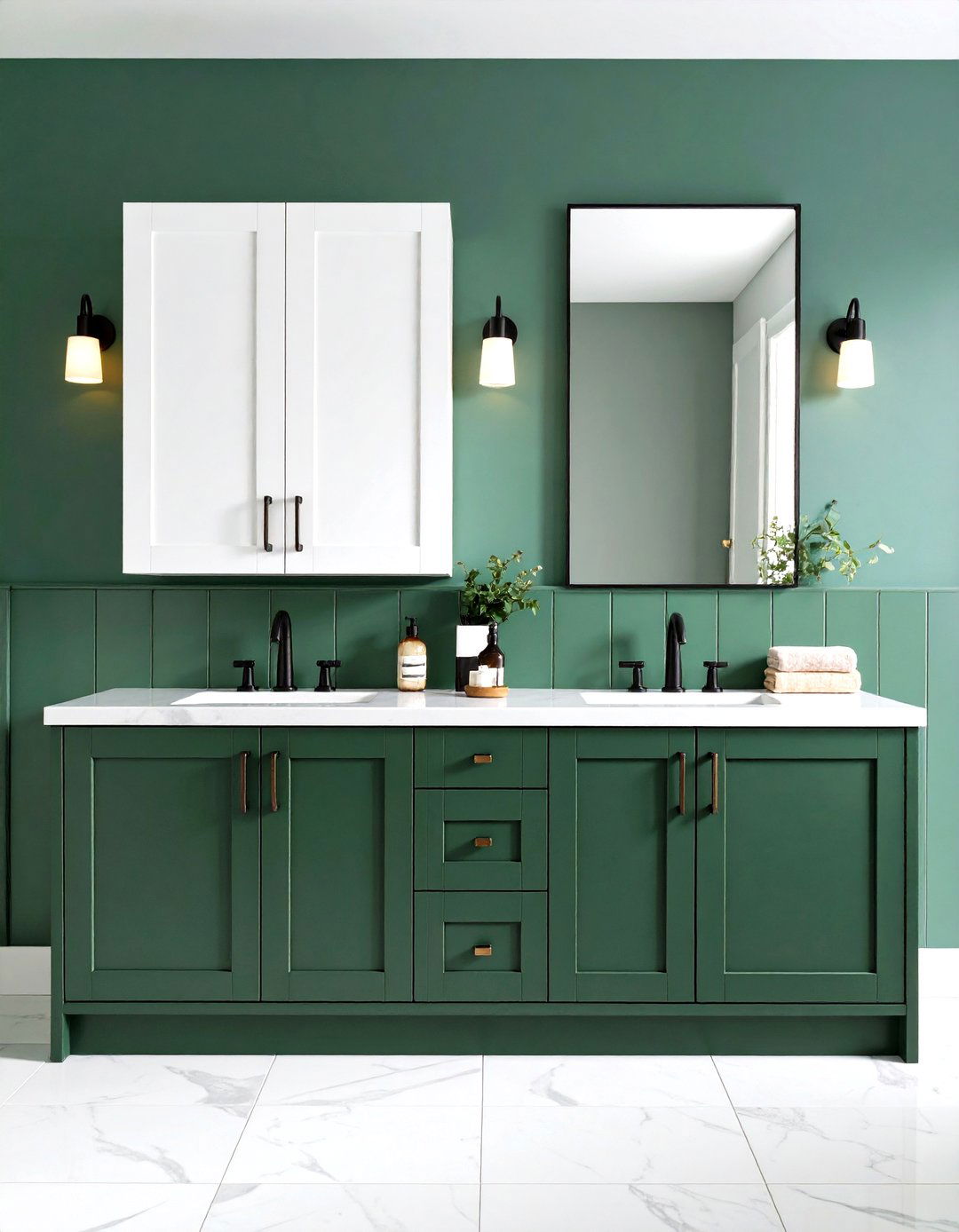 Black White and Green Bathroom with Two Tone Cabinet Design - 20 black, white and green bathroom ideas