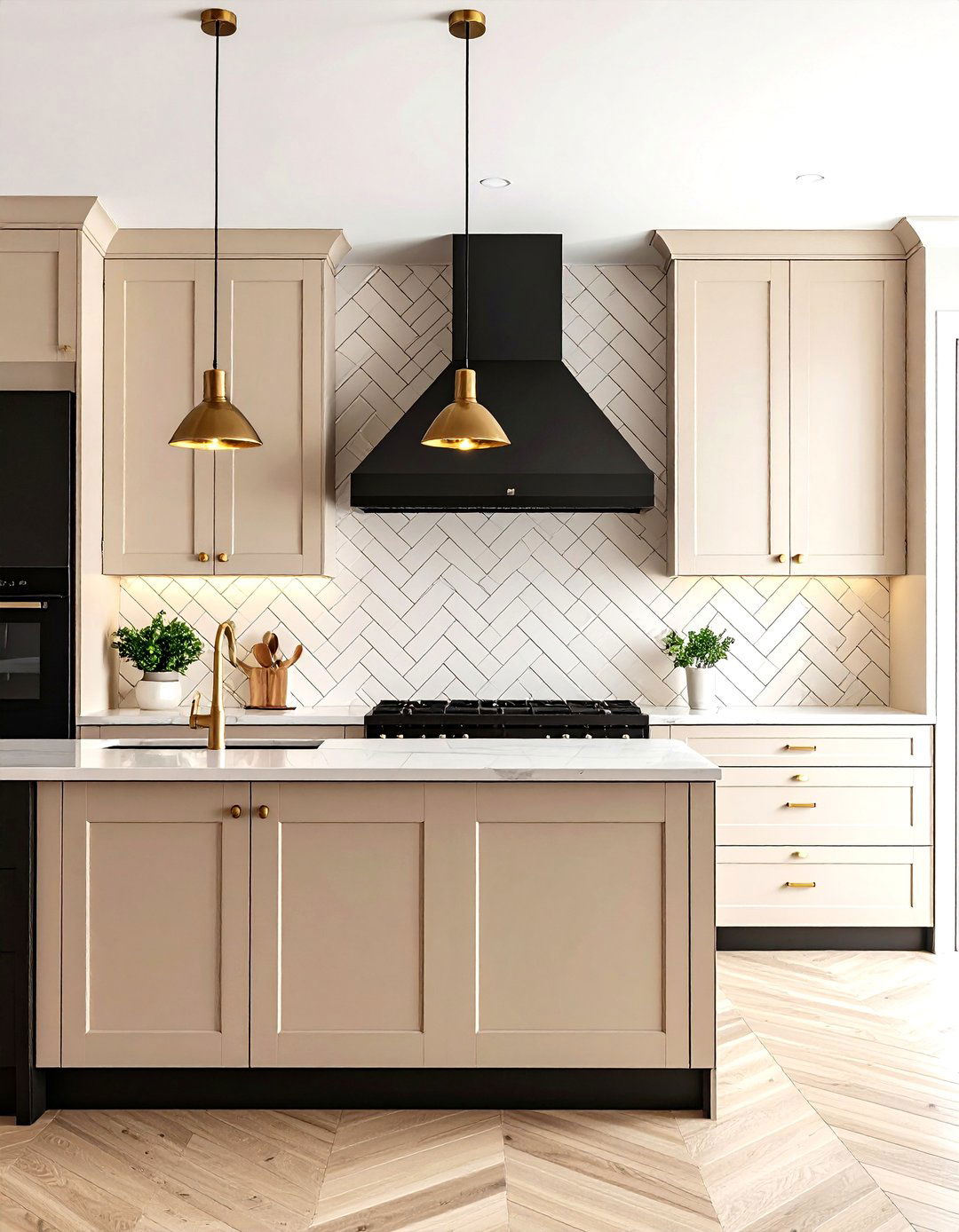 Black and Beige Kitchen Featuring Herringbone Backsplash - 20 black and beige kitchen ideas