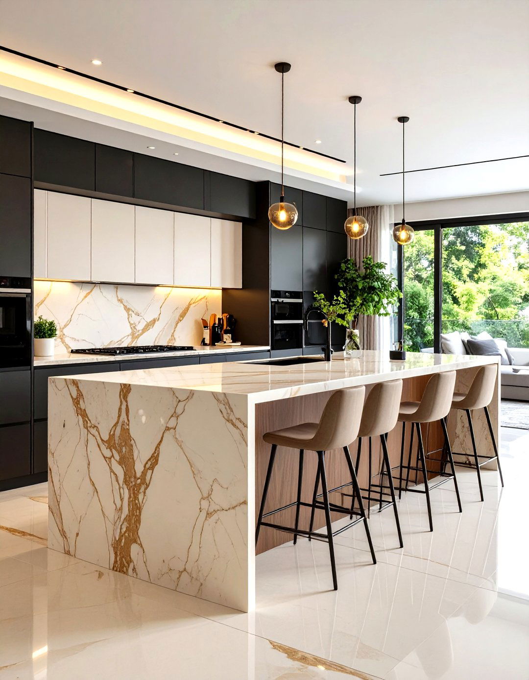 Black and Beige Kitchen with Marble Waterfall Island - 20 black and beige kitchen ideas