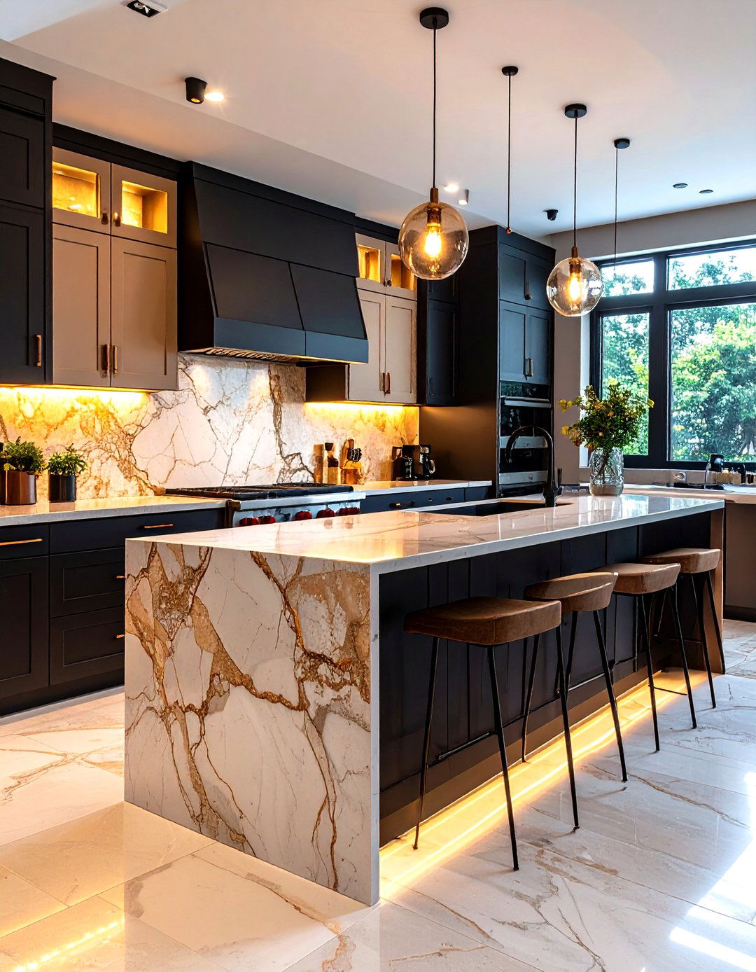 Black and Beige Kitchen with Textured Backsplash - 20 black and beige kitchen ideas