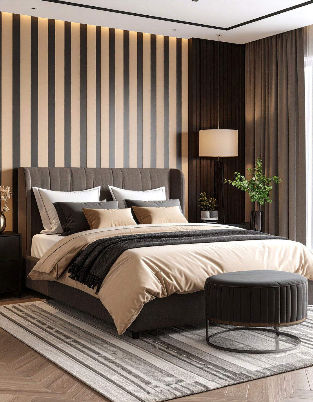 Black and Beige Stripe Feature - 20 Black and Beige Bedroom Design Ideas