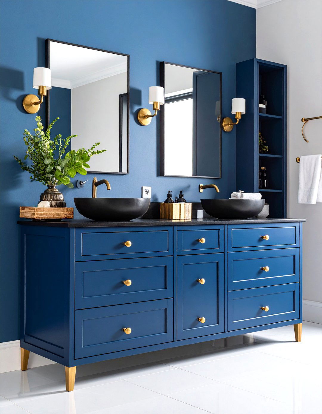 Black and Blue Navy Vanity with Brass Hardware - 20 black and blue bathroom ideas