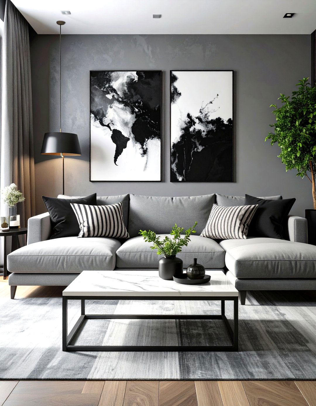 Black and White Contrast with Grey Sectional - 20 Grey Sectional Living Room Ideas