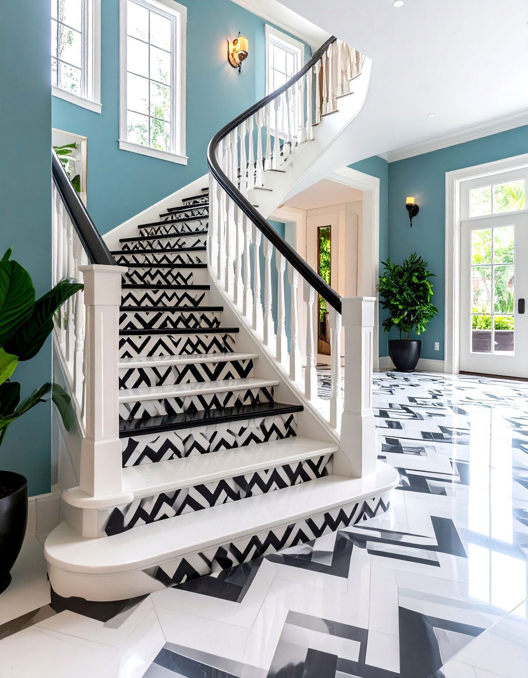 Black and White Geometric Pattern Staircase - 20 black staircase ideas