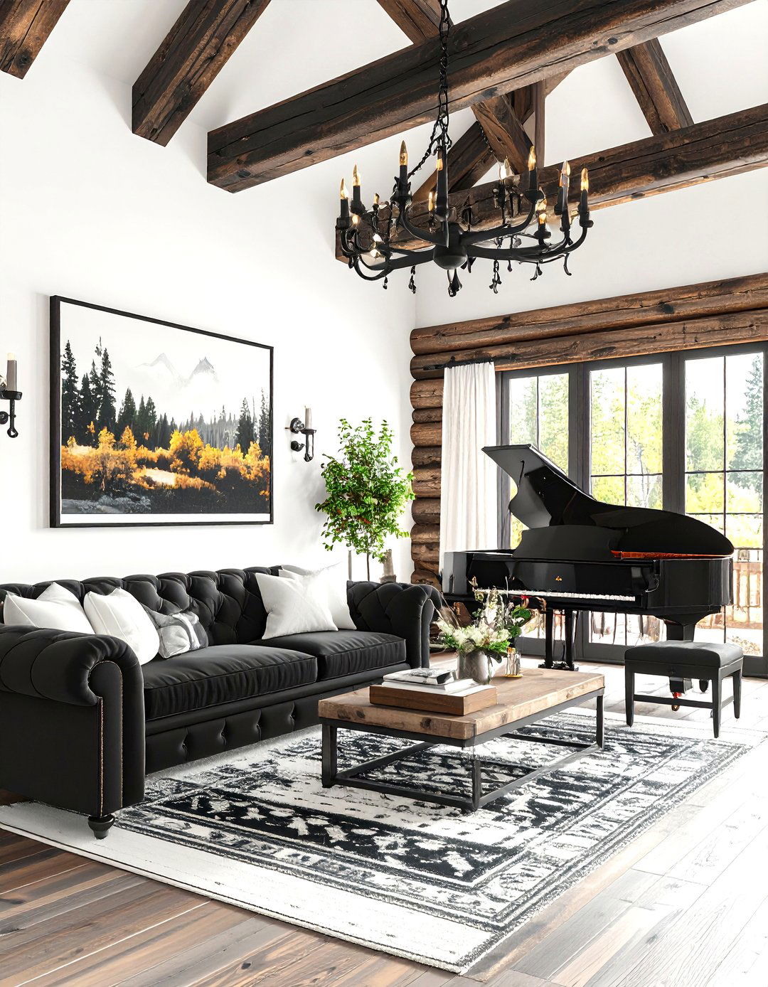 Black and White Monochrome Cabin Living Room - 20 Cabin Living Room Ideas