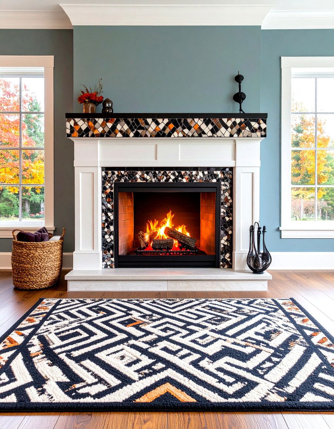 Black and White Mosaic Accent Band - 20 Black and White Fireplace Ideas