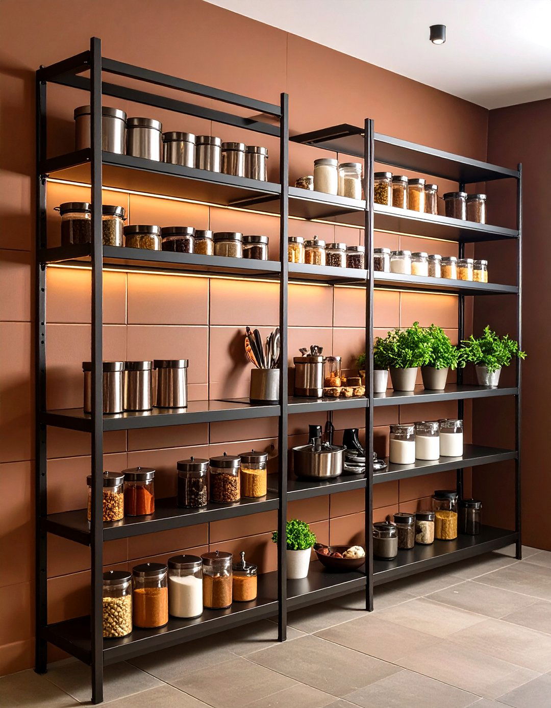 Blackened Steel Shelves and Chocolate Tile Kitchen - 20 Black and Brown Kitchen Ideas