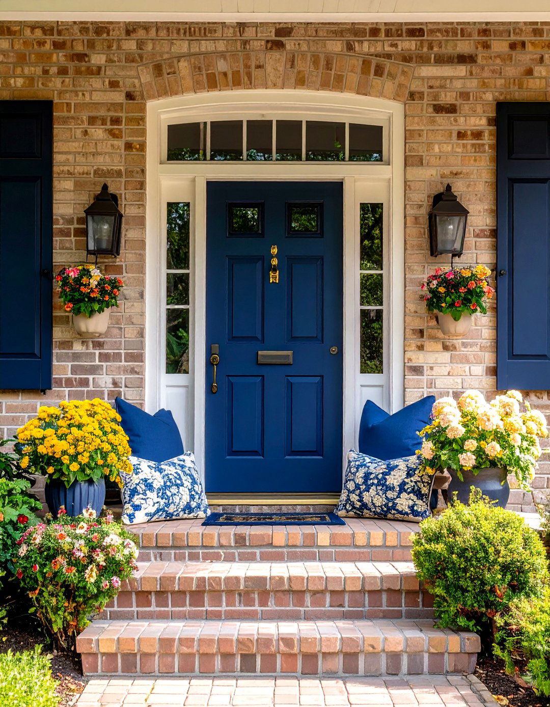 Blonde Brick Paired with Navy Blue Door - 20 Blonde Brick House Color Schemes
